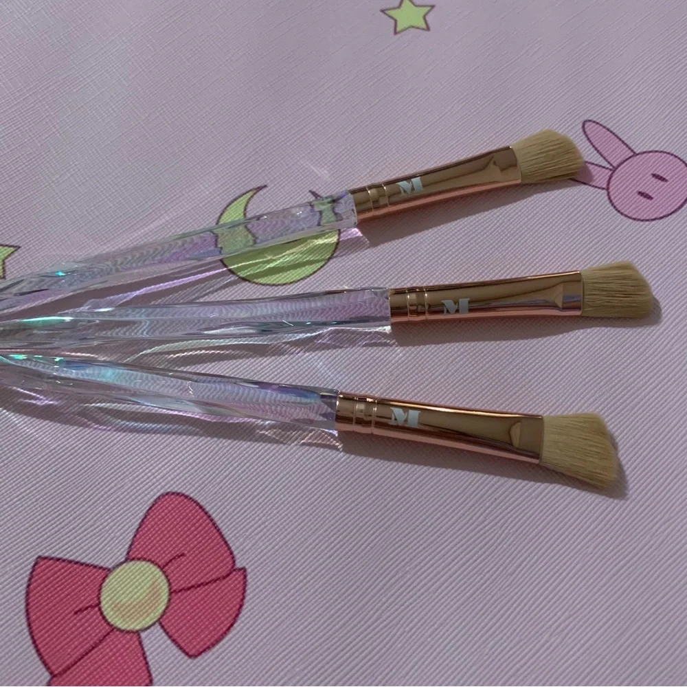 3 Makeup Brushes with Clear Diamond Rainbow Reflective Handles